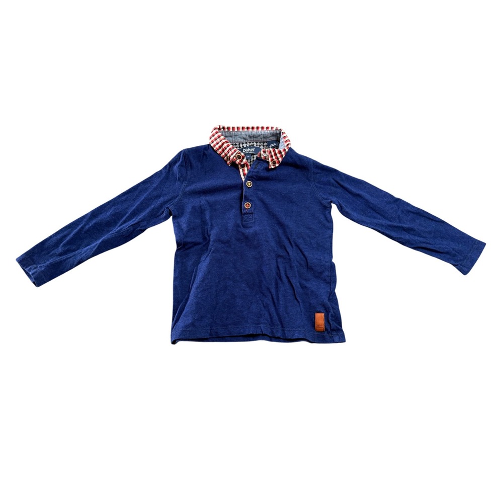 Baker by Ted Baker Boys Navy Blue Gingham Collar Long Sleeve Polo Shirt Size 3Y